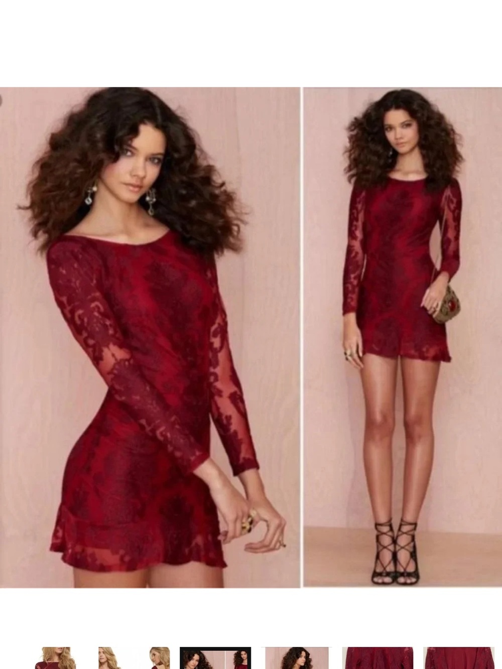 For Love & Lemons Burgundy Lace Backless Long-Sleeve Mini Dress